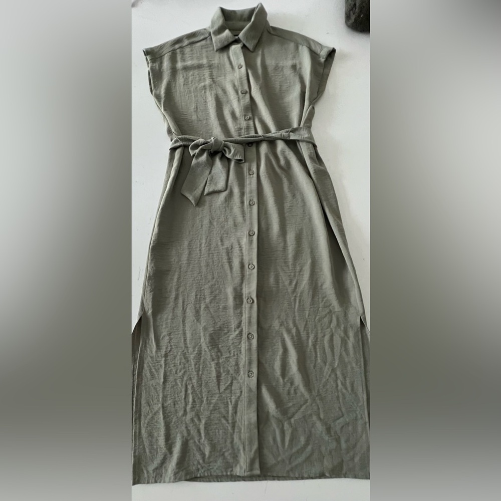 DKNY Button-Up Dress - Dark Green, Size 2, 100% Polyester, 46” Long, Minor Flaw